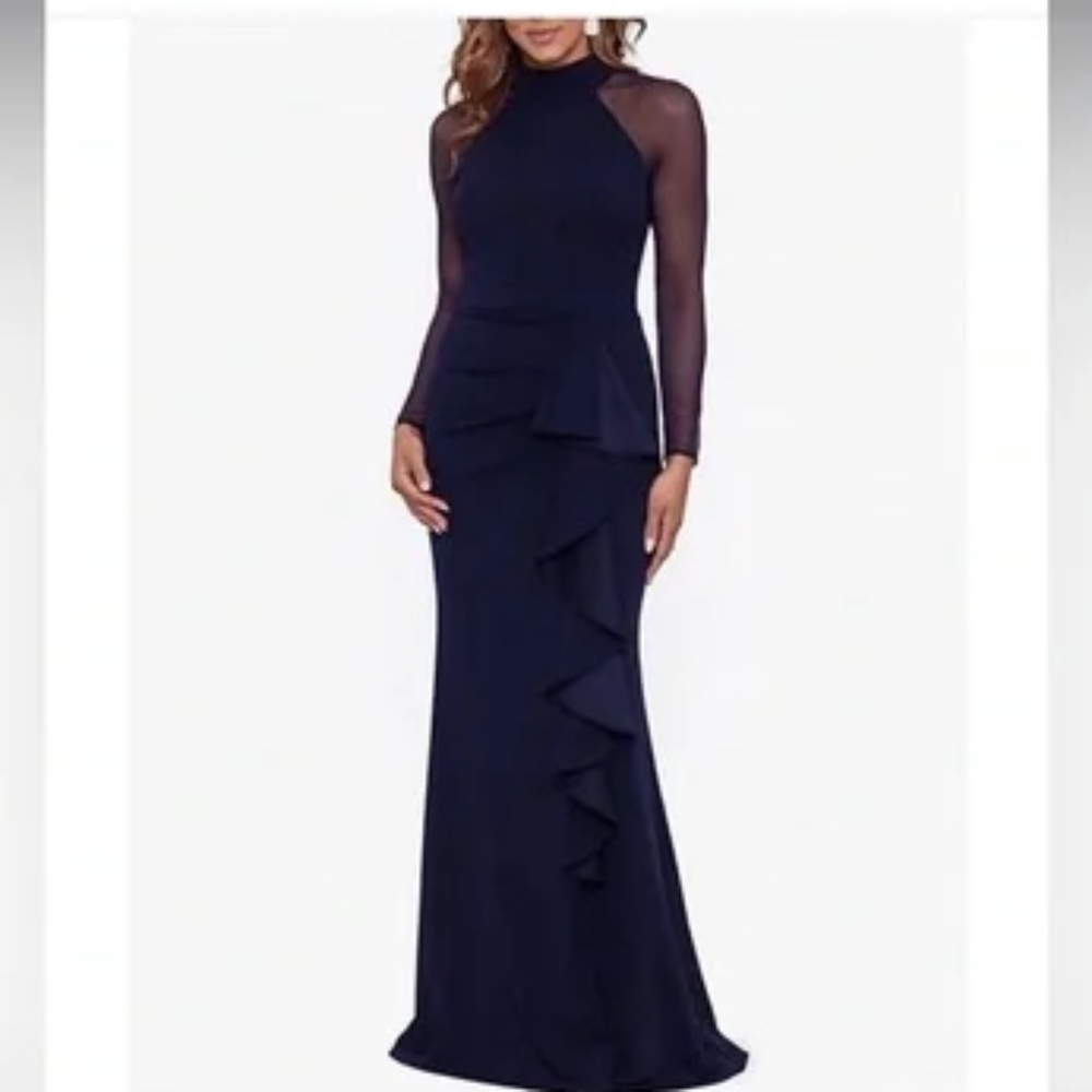Betsy & Adam Mock Neck Illusion Long Sleeve Ruffled Scuba Crepe Mesh Gown 4P